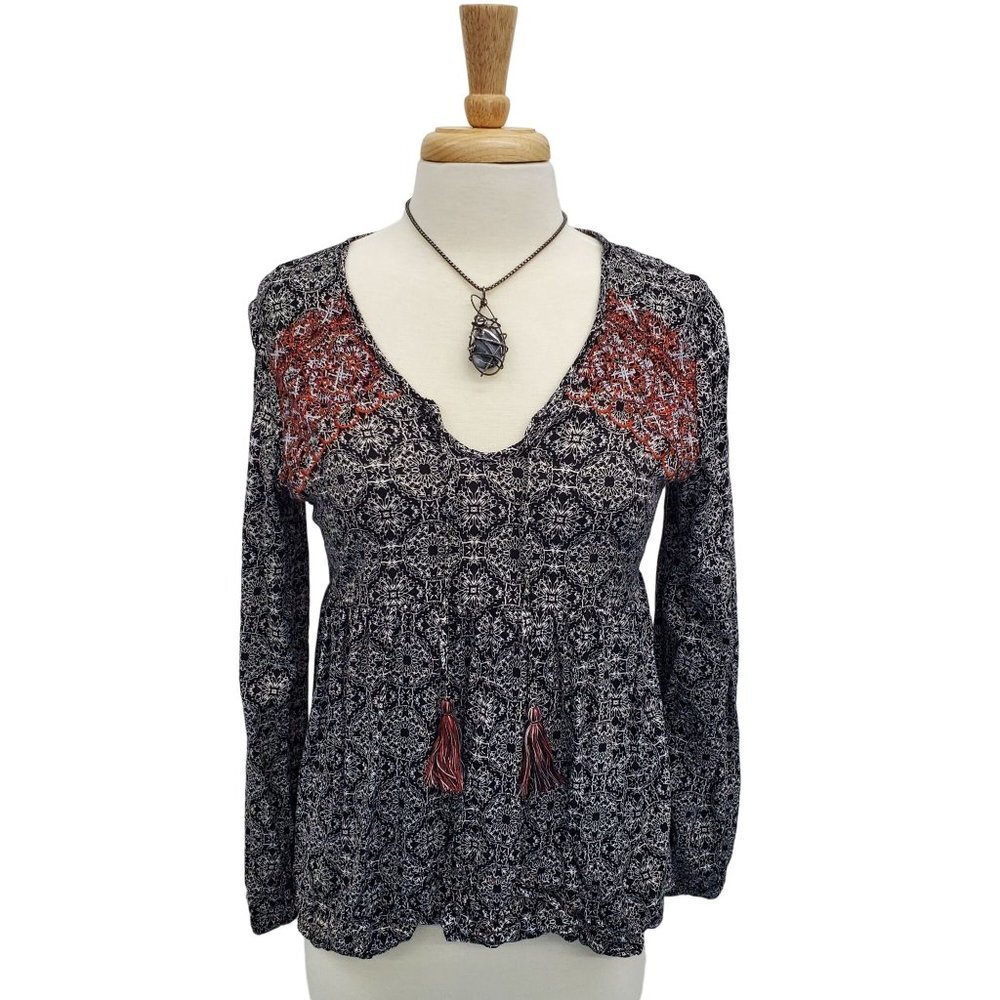 Knox Rose Womens Long Sleeve Boho Tunic‎ Top Size S High-Low Black White Peasant